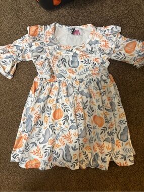 Orange & Gray Pumpkin Cat Print Ruffle Dress